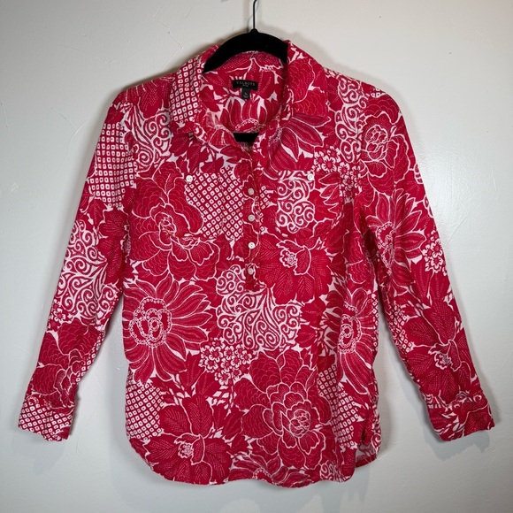 Talbots Long Sleeve Pink Floral Linen Shirt Size Small Petite - Picture 1 of 14